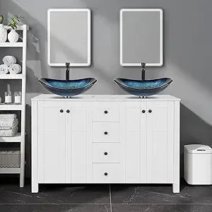 48" White Bathroom Vanity with Marble Texture Top and 4 Drawers, Modern Standing Pedestal Cabinet with Two Boat Silver Glass