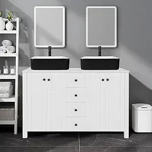 48" White Bathroom Vanity with Marble Texture Top and 4 Drawers, Modern Standing Pedestal Cabinet with Two Boat Silver Glass