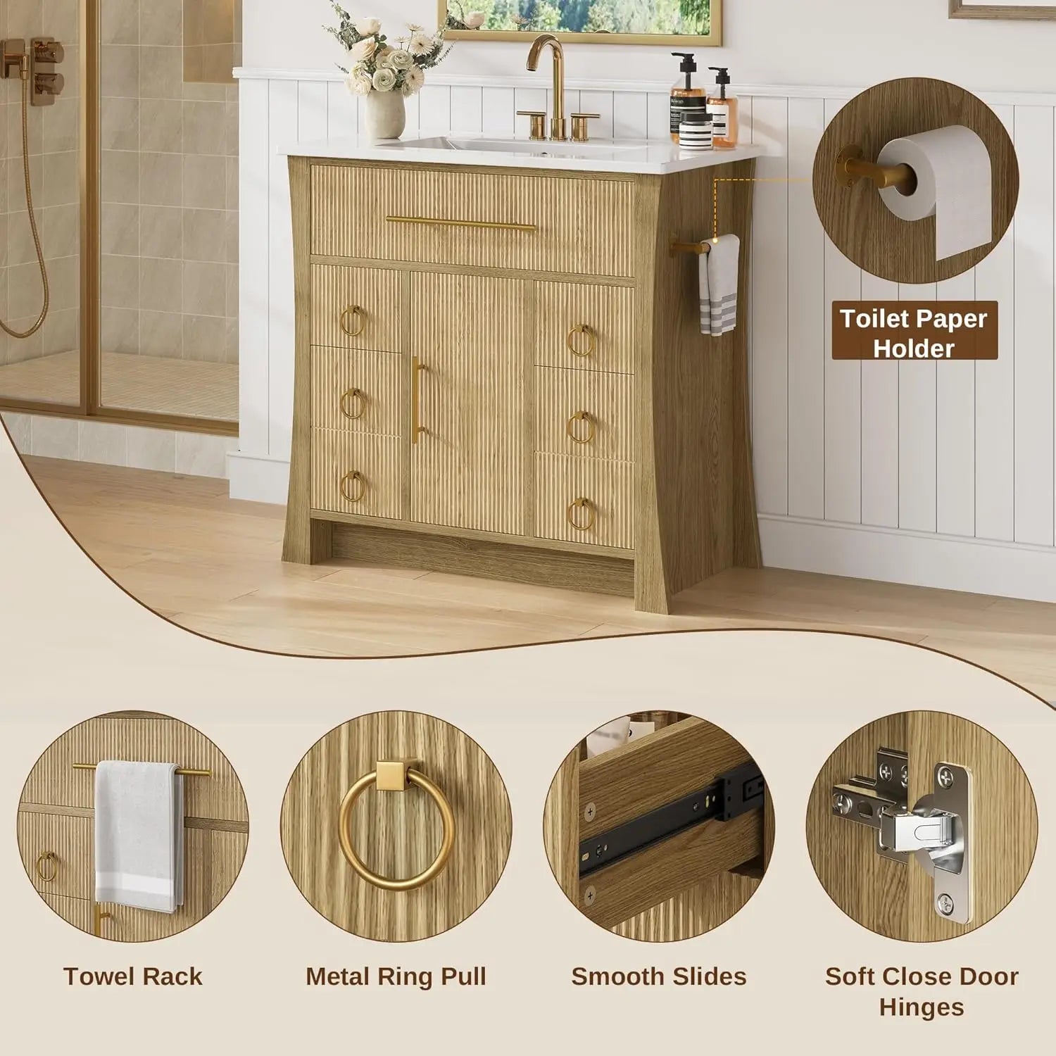 36" Bathroom Vanity with Sink, Wood Grain Texture, Freestanding Bathroom Sink Cabinet with 4 Drawers & 1 Flip-Down Drawer