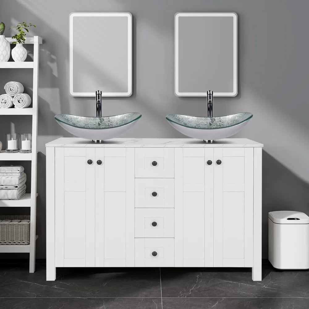 48" White Bathroom Vanity with Marble Texture Top and 4 Drawers, Modern Standing Pedestal Cabinet with Two Boat Silver Glass