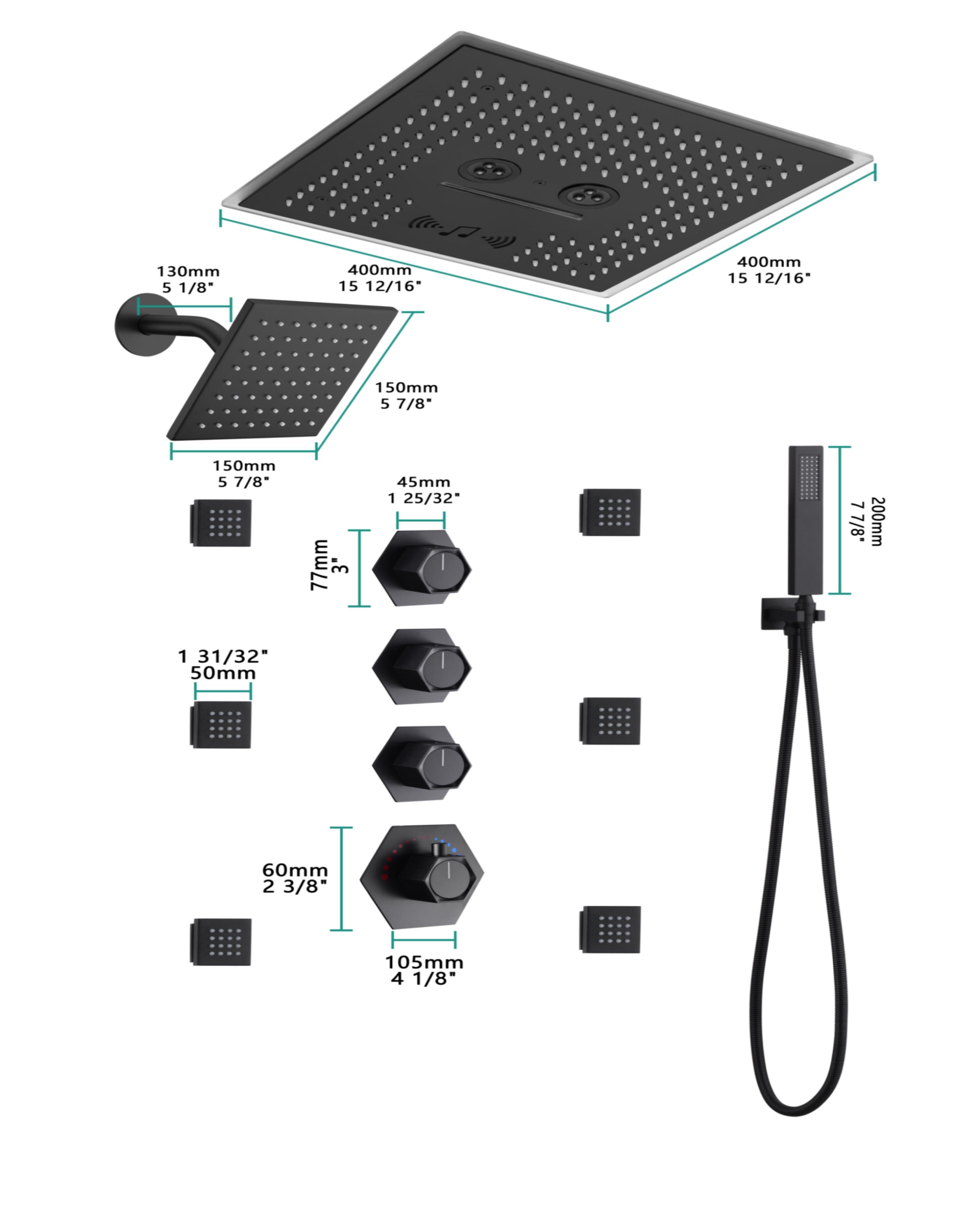 SAHARA|16" COMPLETE LED MUSIC SHOWER SYSTEM BODY JETS WALL MOUNT SHOWERHEAD