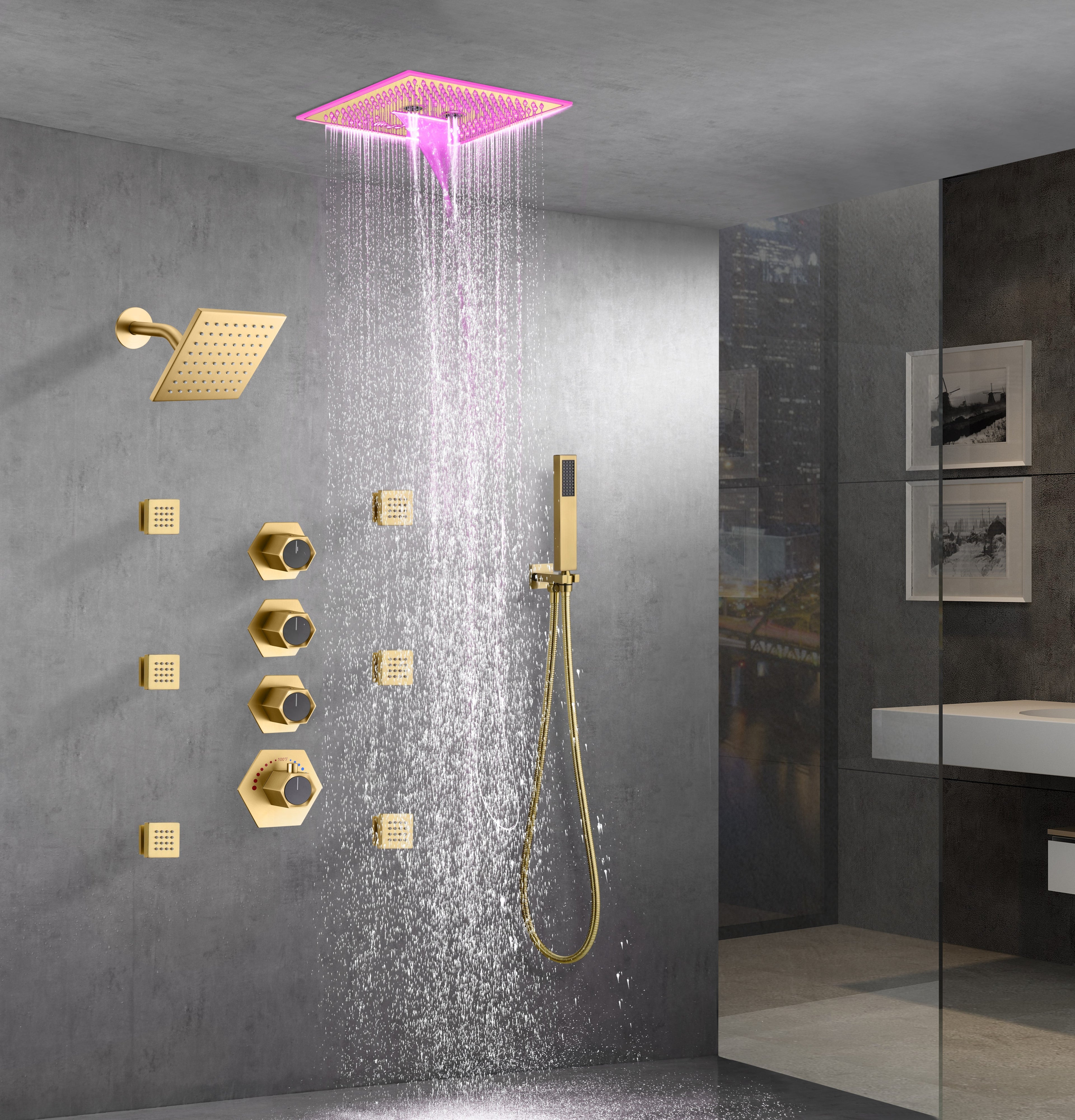 SAHARA|16" COMPLETE LED MUSIC SHOWER SYSTEM BODY JETS WALL MOUNT SHOWERHEAD