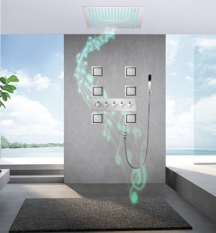 SANTORINI- 16" Complete Luxury LED Music Shower Set 6 Large Body Spray -Rain & Waterfall   Ceiling Shower Head