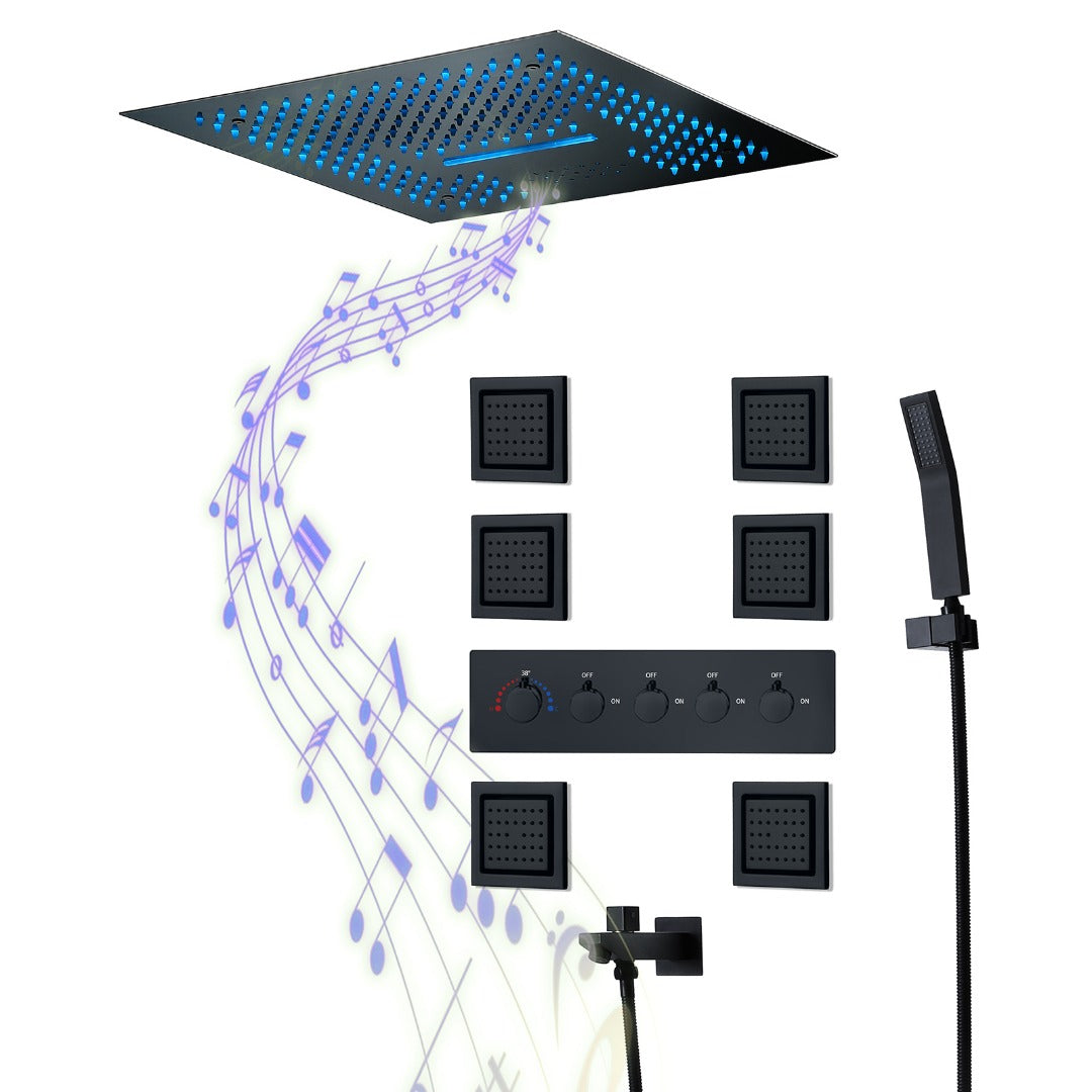 SANTORINI- 16" Complete Luxury LED Music Shower Set 6 Large Body Spray -Rain & Waterfall   Ceiling Shower Head