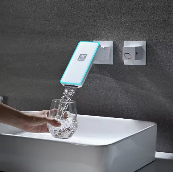 SHADOW|MODERN ADJUSTABLE WALL MOUNT SINGLE KNOB BATHROOM FAUCET DIGITAL DISPLAY AND LED LIGHT BATHROOM FAUCET