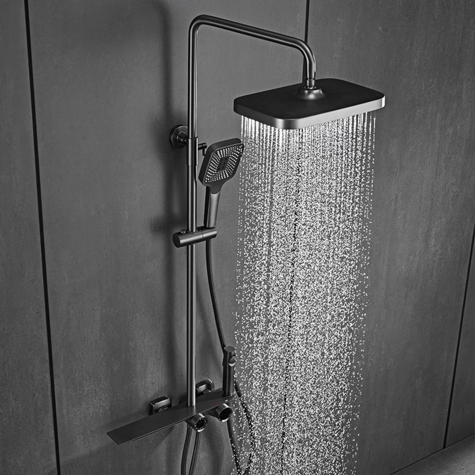 Matte Black Rainfall Shower System – Digital Temperature Display Mixer Faucet with Handheld Sprayer | Modern Bathroom Set