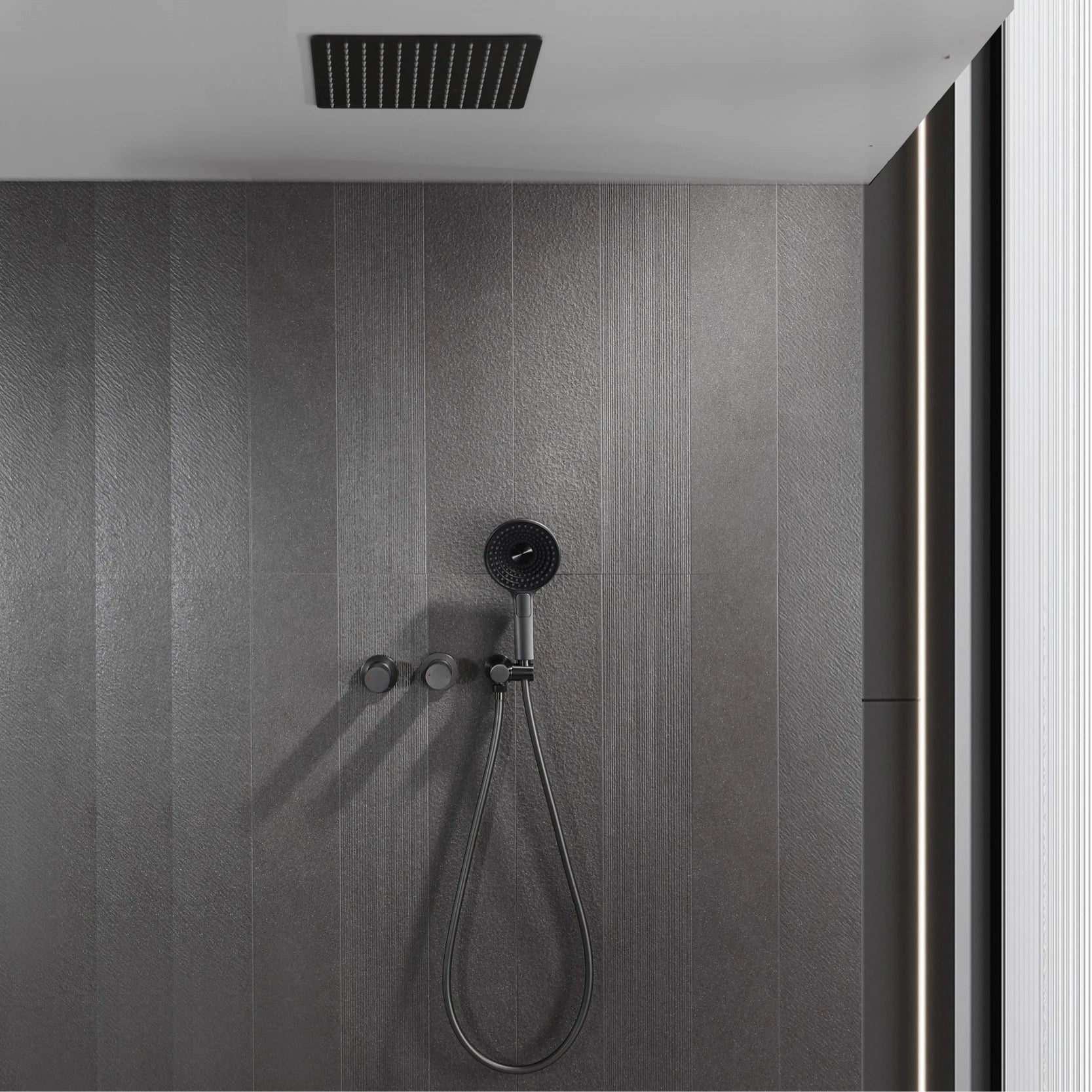 Modern Ceiling Rainfall Shower System – Minimalist Built-In Shower Set with Handheld Sprayer | Concealed Bathroom Fixture