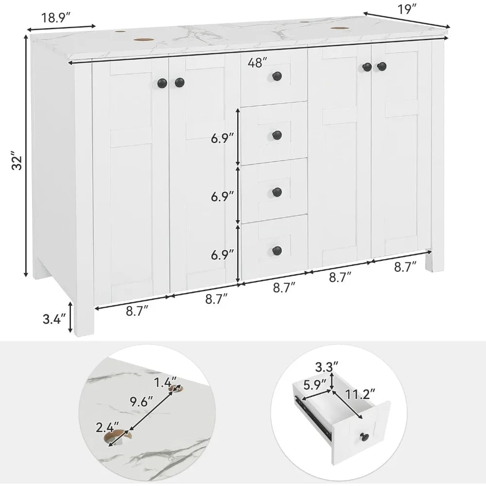 48" White Bathroom Vanity with Marble Texture Top and 4 Drawers, Modern Standing Pedestal Cabinet with Two Boat Silver Glass