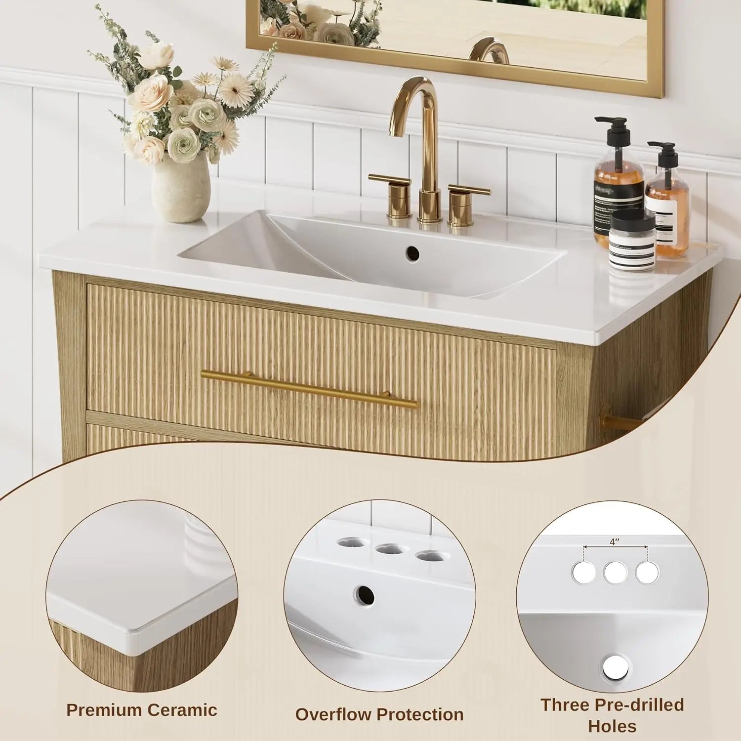 36" Bathroom Vanity with Sink, Wood Grain Texture, Freestanding Bathroom Sink Cabinet with 4 Drawers & 1 Flip-Down Drawer