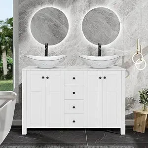 48" White Bathroom Vanity with Marble Texture Top and 4 Drawers, Modern Standing Pedestal Cabinet with Two Boat Silver Glass