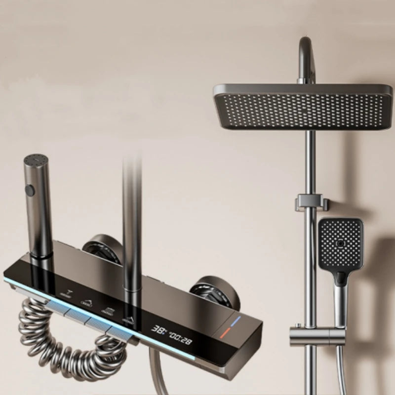 Luxury Digital Rainfall Shower System – Thermostatic Mixer Faucet with LED Temperature Display & Handheld Sprayer | Modern Bathroom Set