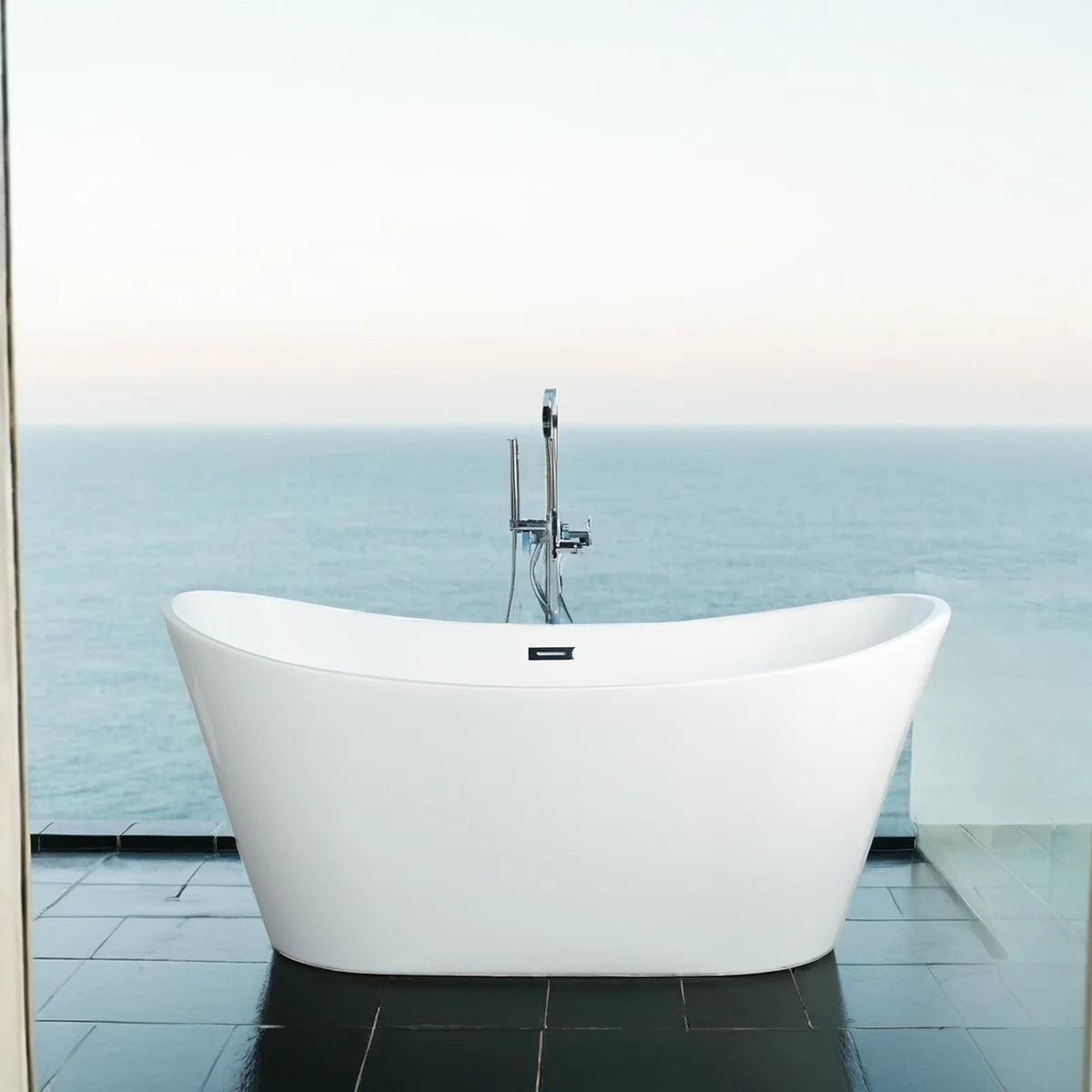 67'' Acrylic Freestanding White Soaking Bathtub With Classic Oval Shape, Chrome Drain, Slotted Overflow