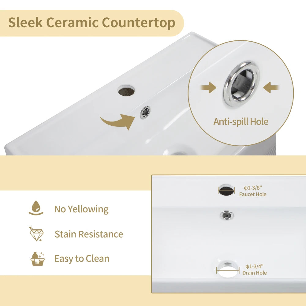 21.6" Modern Grey Bathroom Vanity with Glossy White Ceramic Sink, Compact Storage Cabinet with Open Shelves & Door for Small Spaces