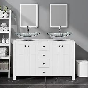 48" White Bathroom Vanity with Marble Texture Top and 4 Drawers, Modern Standing Pedestal Cabinet with Two Boat Silver Glass