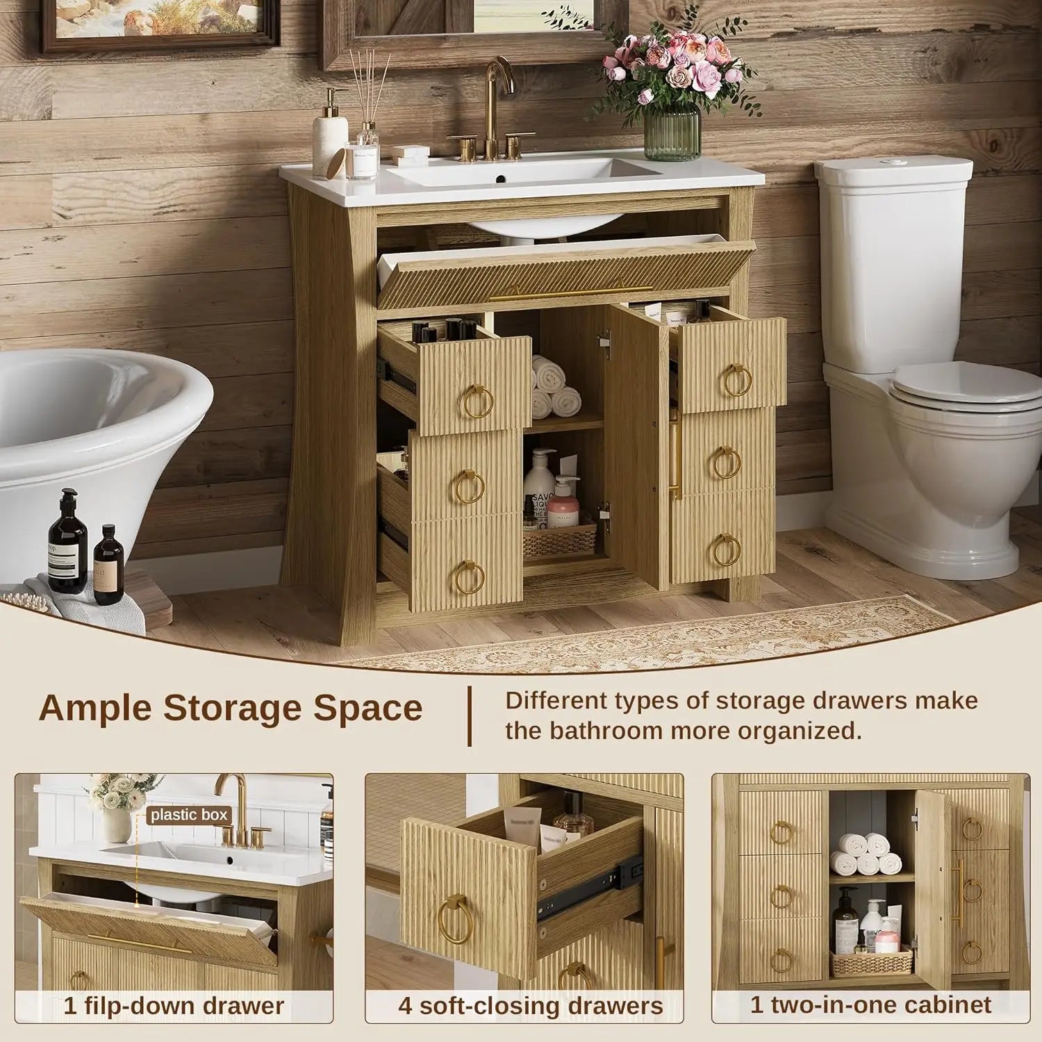36" Bathroom Vanity with Sink, Wood Grain Texture, Freestanding Bathroom Sink Cabinet with 4 Drawers & 1 Flip-Down Drawer