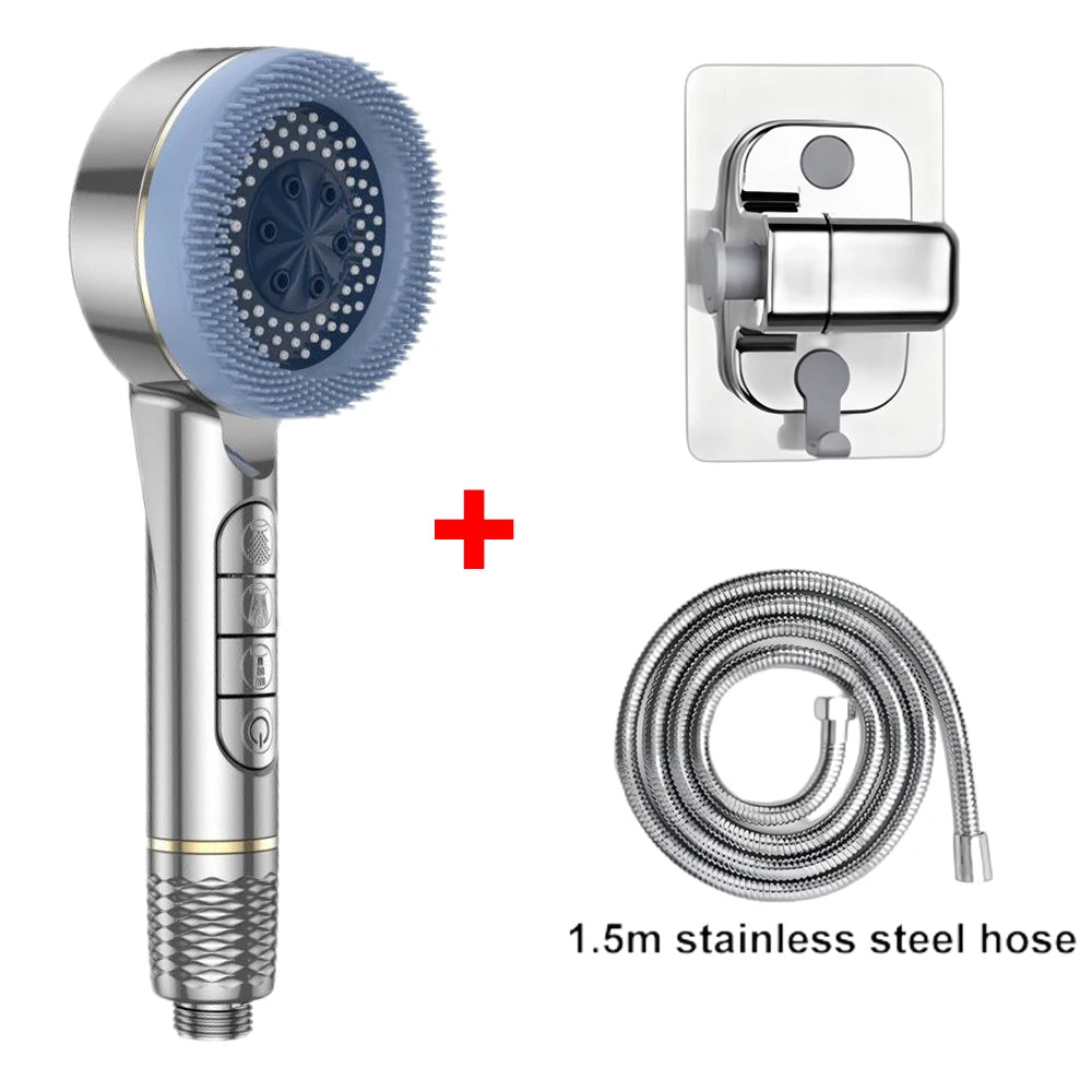 4-Mode High-Pressure Handheld Shower Head with Massage Brush & Stainless Steel Hose – Water-Saving Spray Nozzle