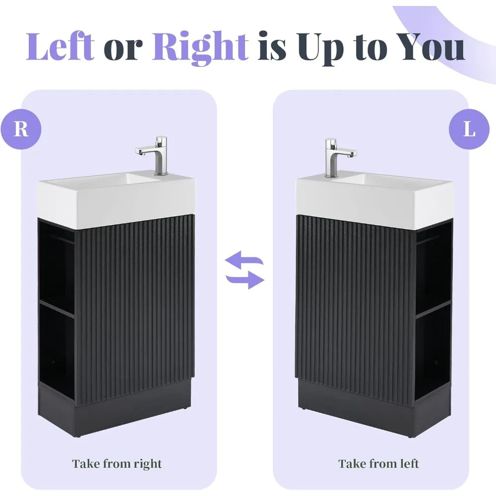 compact 18.6" wooden bathroom vanity with integrated sink, toilet paper holder, and single door storage cabinet