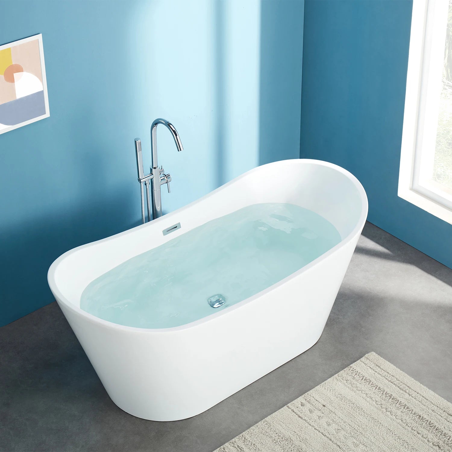 67'' Acrylic Freestanding White Soaking Bathtub With Classic Oval Shape, Chrome Drain, Slotted Overflow