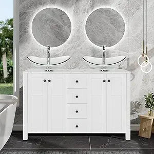 48" White Bathroom Vanity with Marble Texture Top and 4 Drawers, Modern Standing Pedestal Cabinet with Two Boat Silver Glass