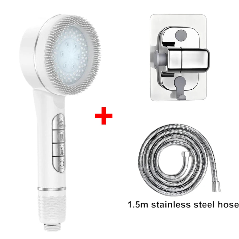 4-Mode High-Pressure Handheld Shower Head with Massage Brush & Stainless Steel Hose – Water-Saving Spray Nozzle