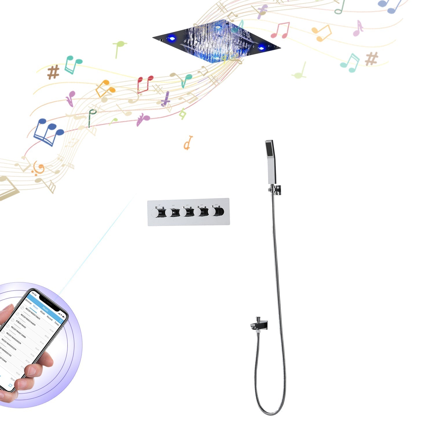 Sedona 16"x"16" Luxury Thermostatic LED Bluetooth Music Shower Set with Rain,Waterfall & Mist Spray Functions.