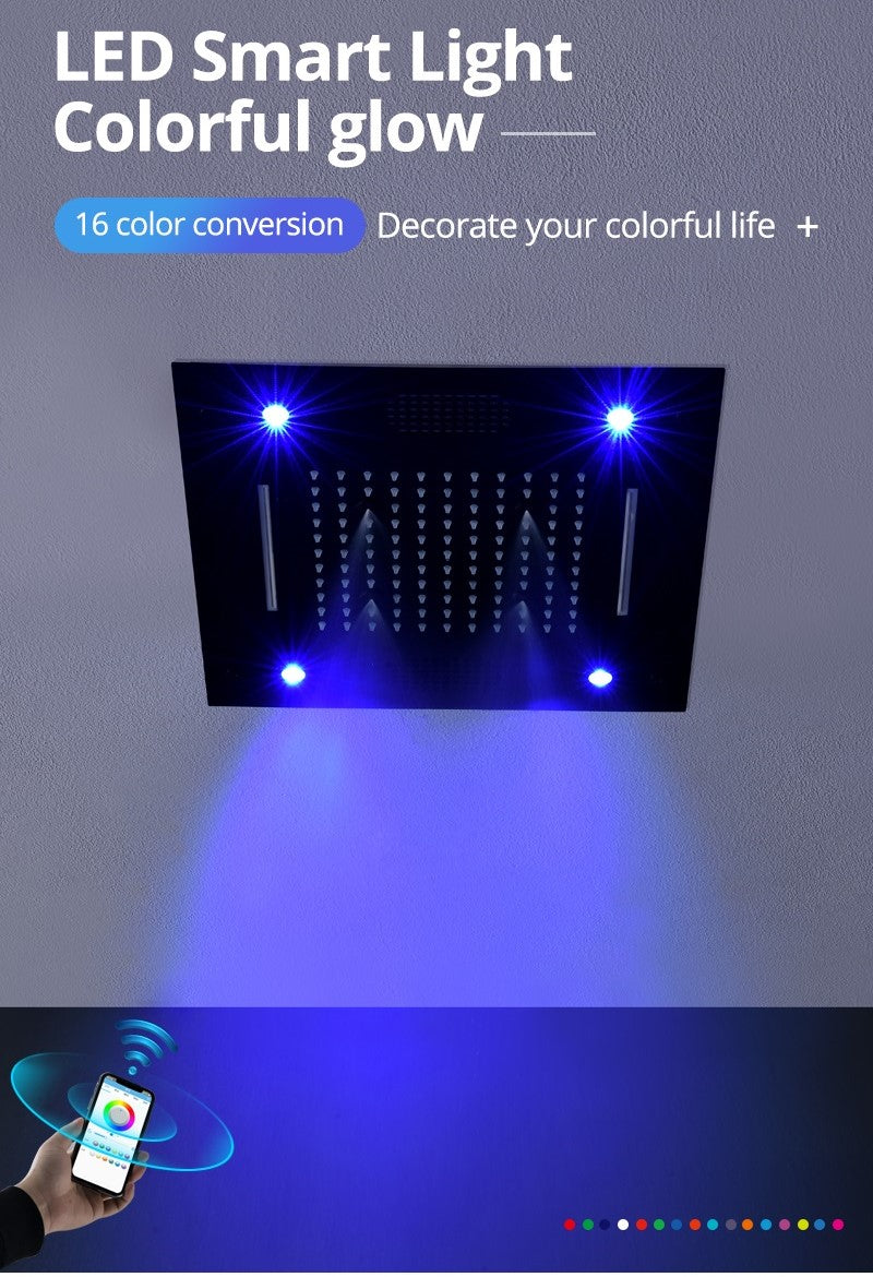 Sedona 16"x"16" Luxury Thermostatic LED Bluetooth Music Shower Set with Rain,Waterfall & Mist Spray Functions.