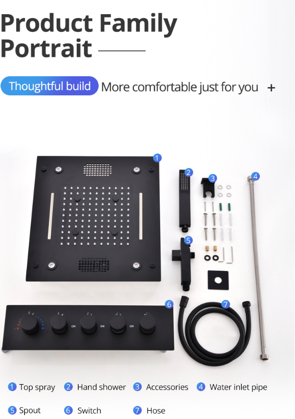 Sedona 16"x"16" Luxury Thermostatic LED Bluetooth Music Shower Set with Rain,Waterfall & Mist Spray Functions.