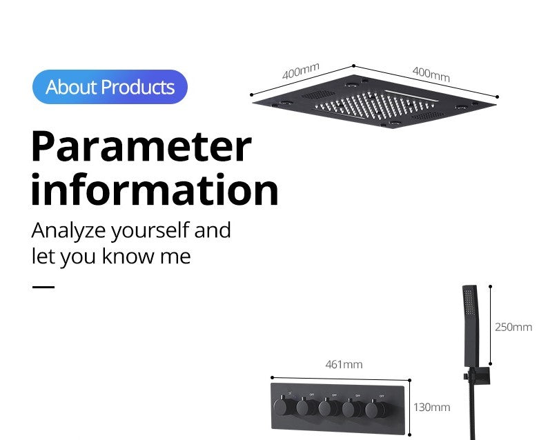 Sedona 16"x"16" Luxury Thermostatic LED Bluetooth Music Shower Set with Rain,Waterfall & Mist Spray Functions.