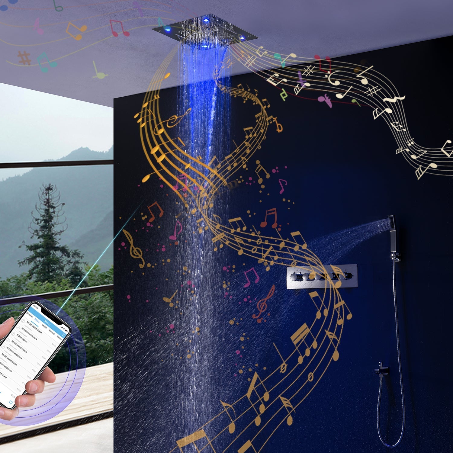 Sedona 16"x"16" Luxury Thermostatic LED Bluetooth Music Shower Set with Rain,Waterfall & Mist Spray Functions.
