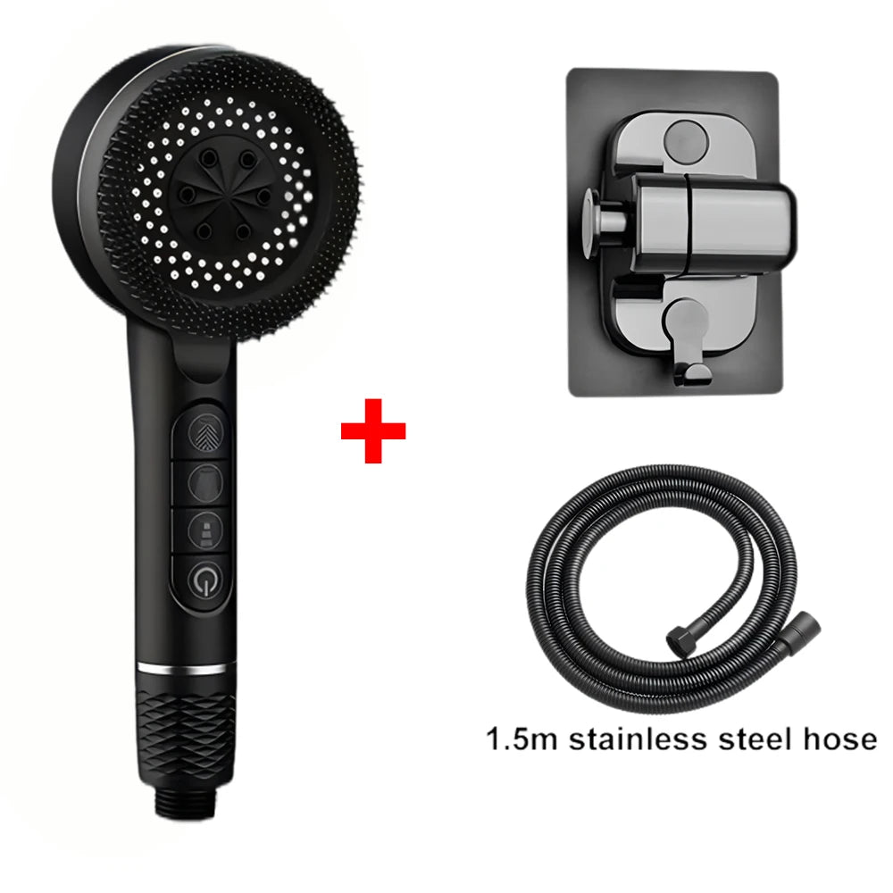4-Mode High-Pressure Handheld Shower Head with Massage Brush & Stainless Steel Hose – Water-Saving Spray Nozzle