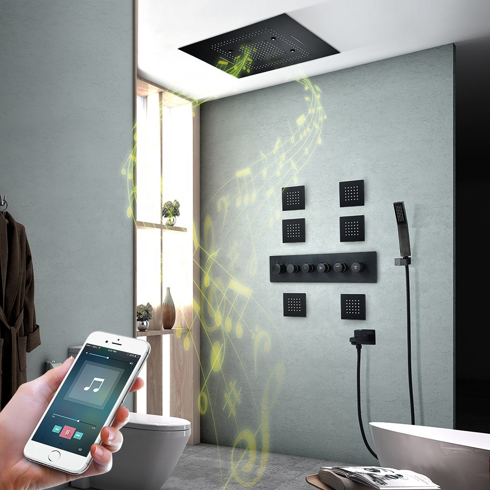 TULUM| 32" Luxury Complete LED Music Shower Set Rain Waterfall Mist Spray Function 6 Body Jets & Hand Shower