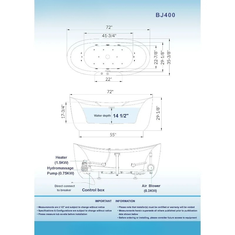 72" Whirlpool Air Bubble Bathtub, Heated Soaking Tub with LED Panel