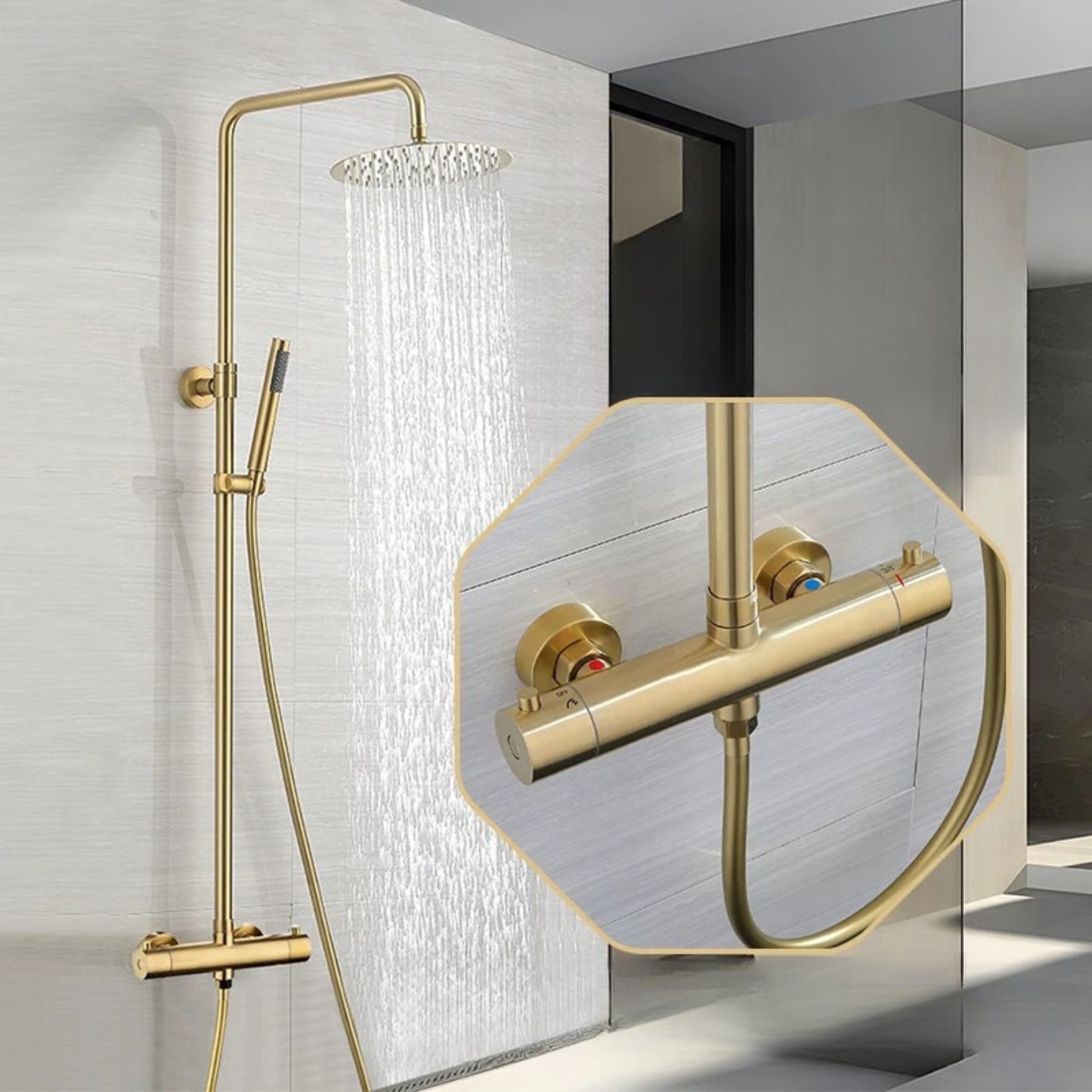 Brushed Nickel Rainfall Shower System with Handheld Sprayer & Thermostatic Mixer – Modern Wall-Mount Luxury Set