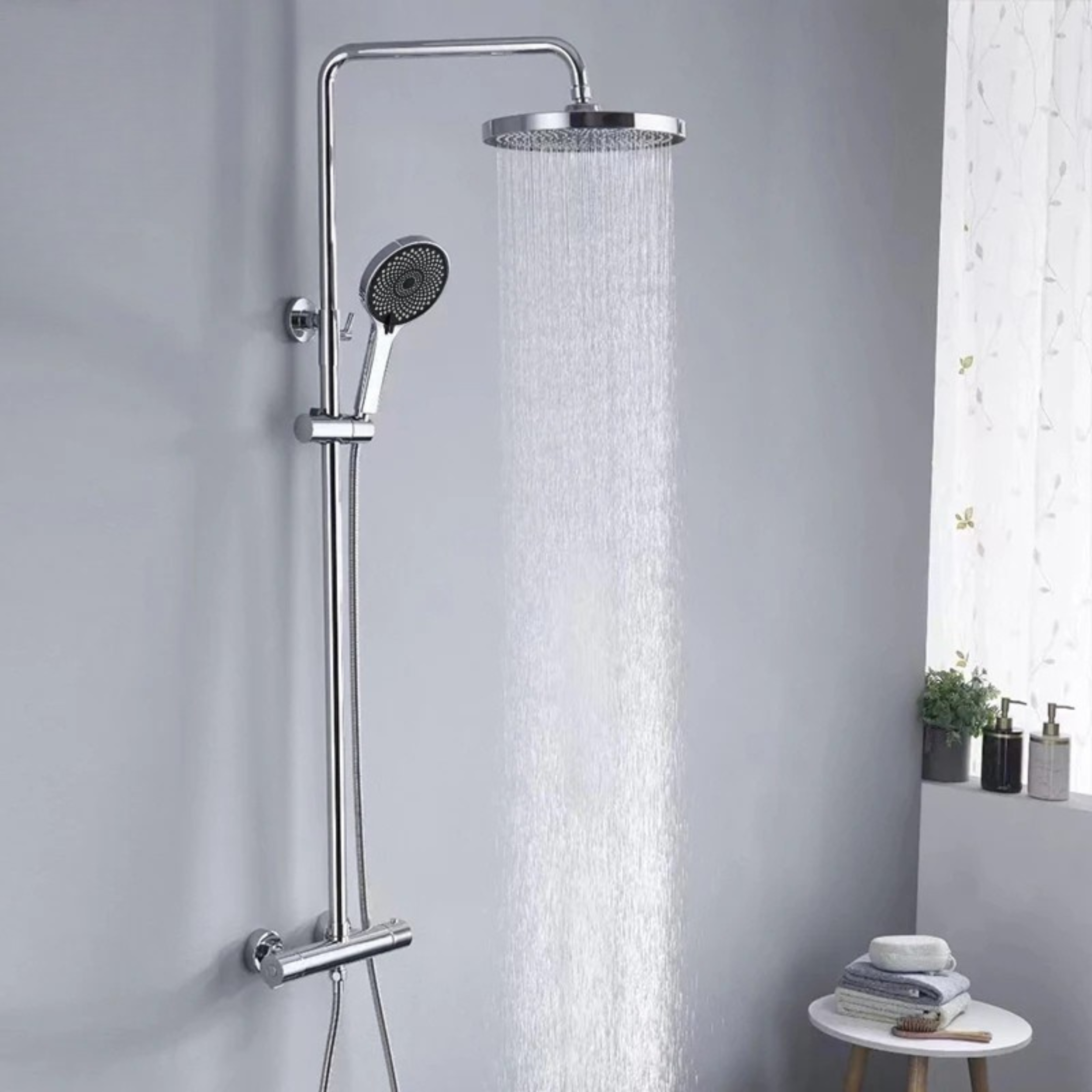 Dual Shower System with Rainfall Shower Head & Handheld Sprayer – High-Pressure Thermostatic Chrome Shower Set