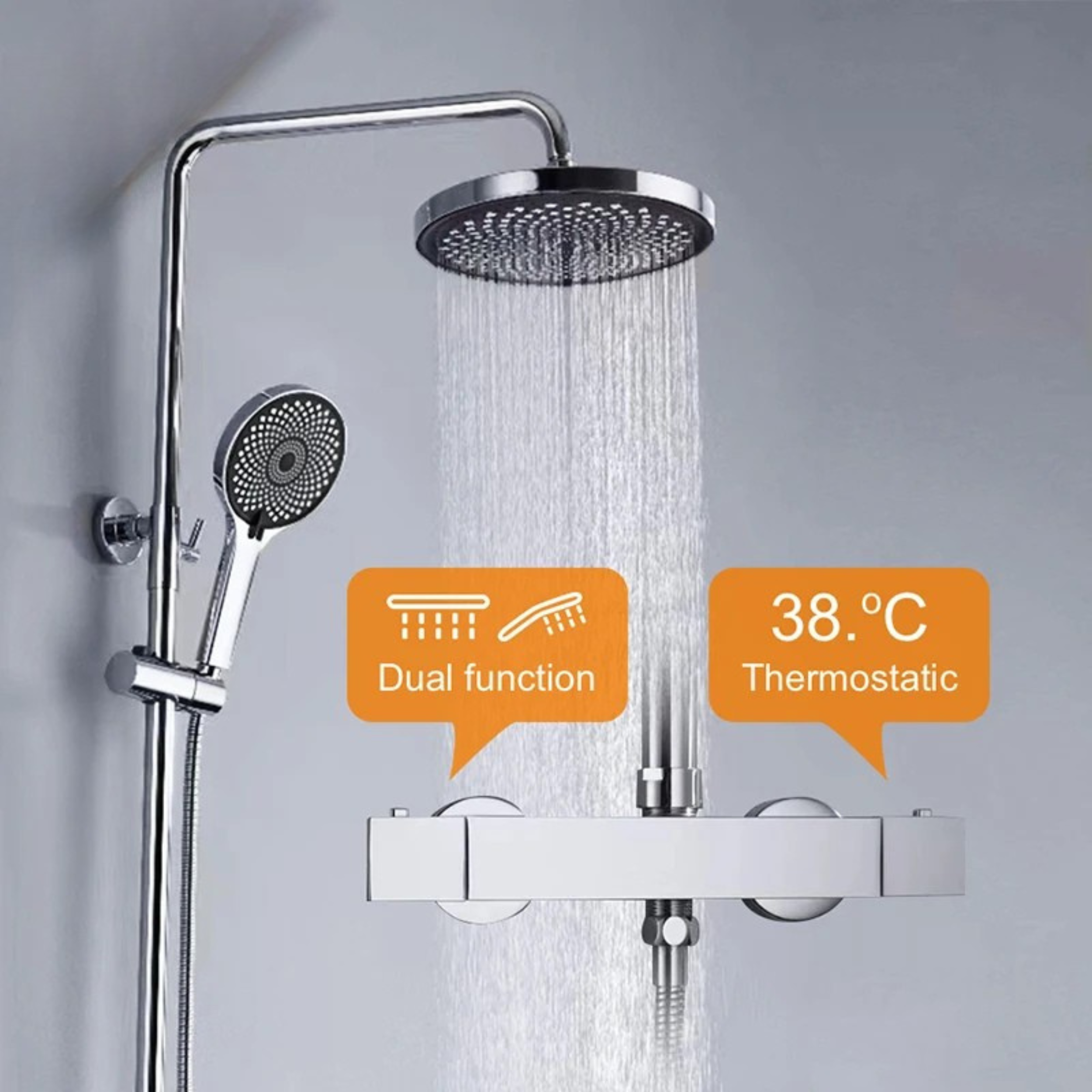 Dual Shower System with Rainfall Shower Head & Handheld Sprayer – High-Pressure Thermostatic Chrome Shower Set