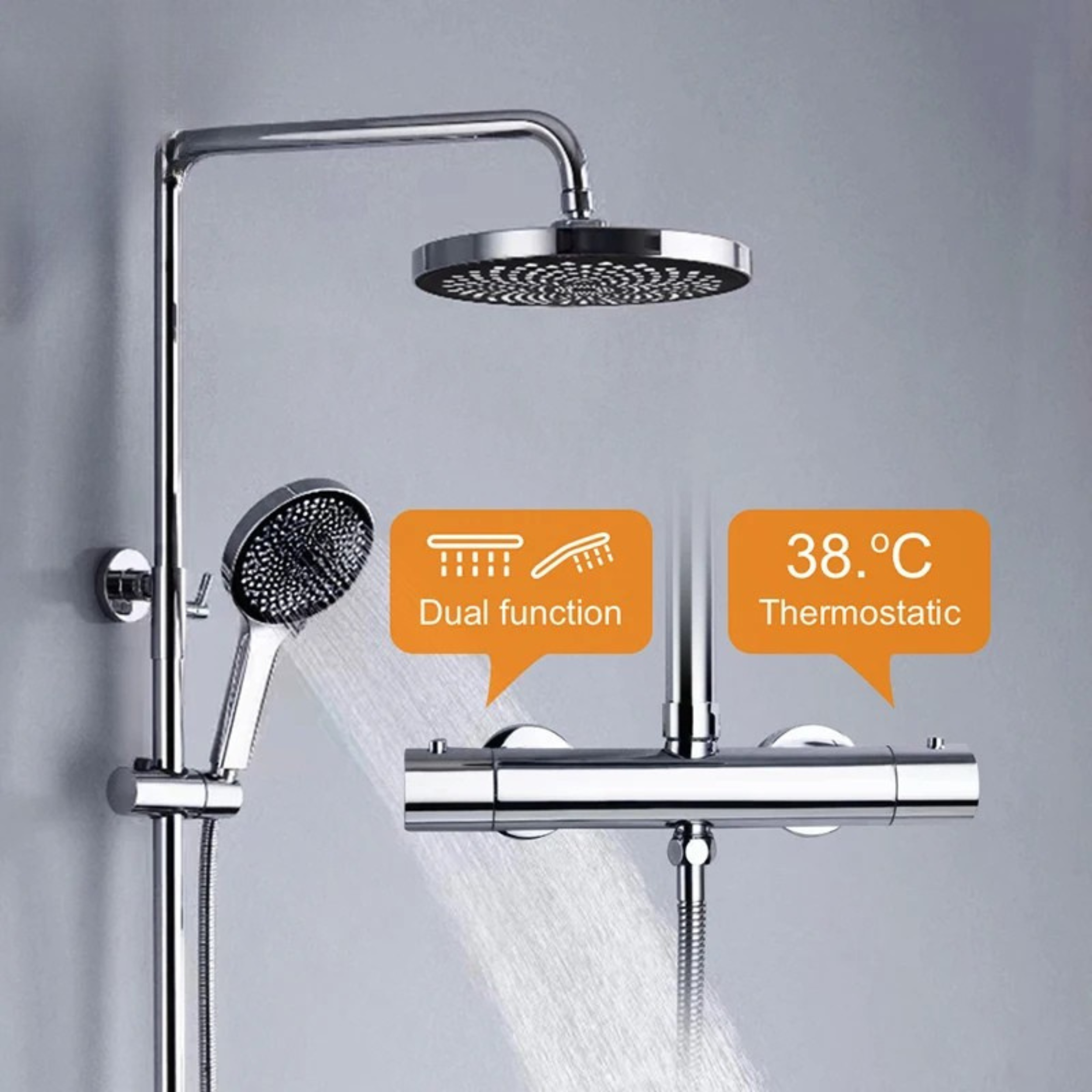 Dual Shower System with Rainfall Shower Head & Handheld Sprayer – High-Pressure Thermostatic Chrome Shower Set