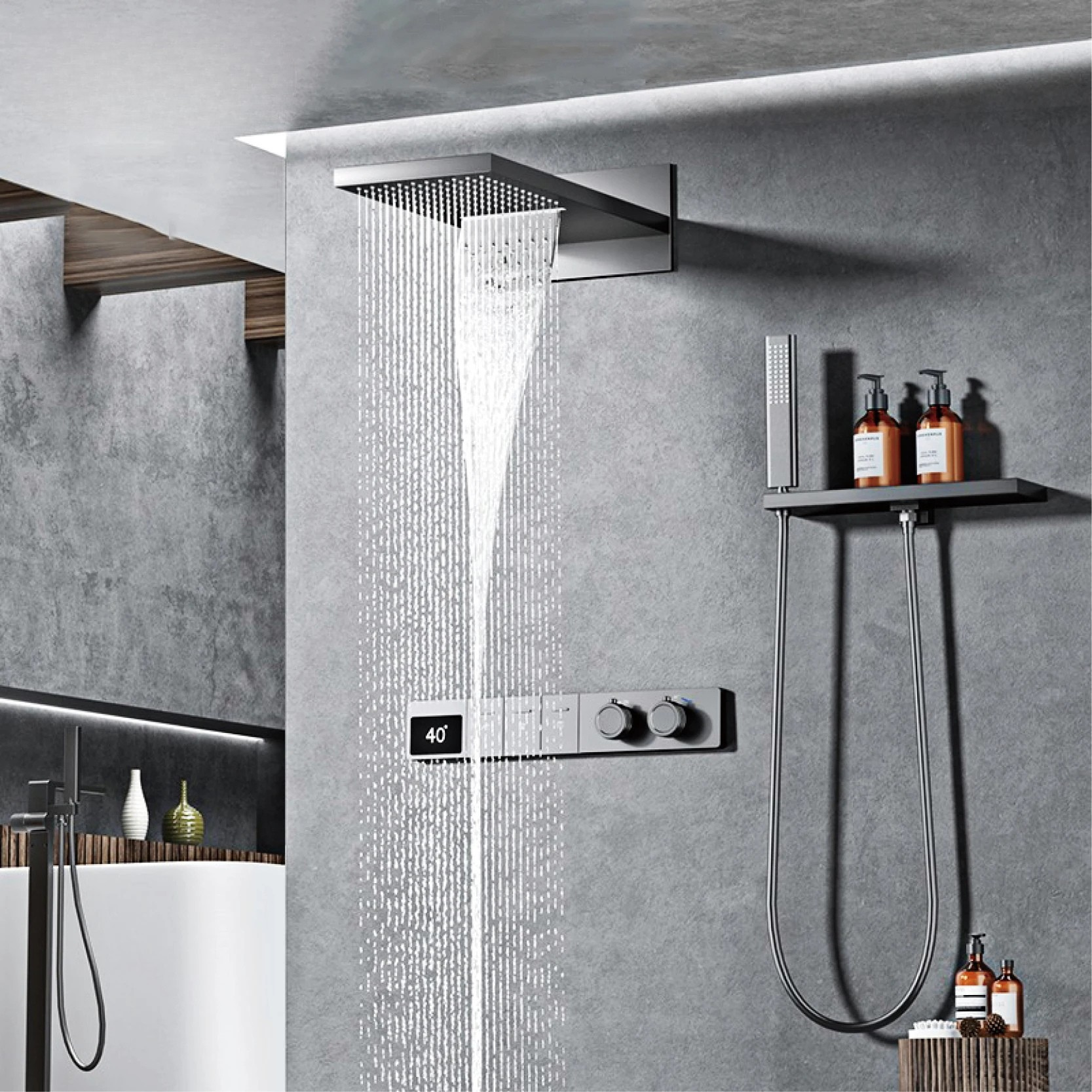 Luxury Digital Thermostatic Rainfall Shower System with Handheld Sprayer & Waterfall Mode – Modern Wall-Mounted Shower Set
