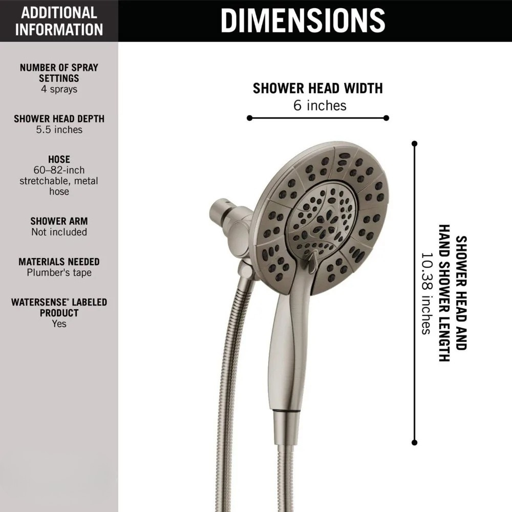 Dual 2-in-1 High-Pressure Shower Head with Handheld Sprayer – 5 Spray Settings Nickel Finish
