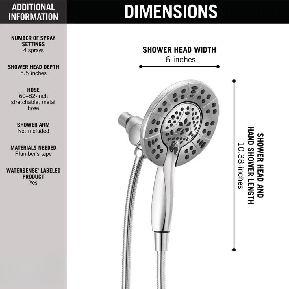 Dual 2-in-1 High-Pressure Shower Head with Handheld Sprayer – 5 Spray Settings Chrome