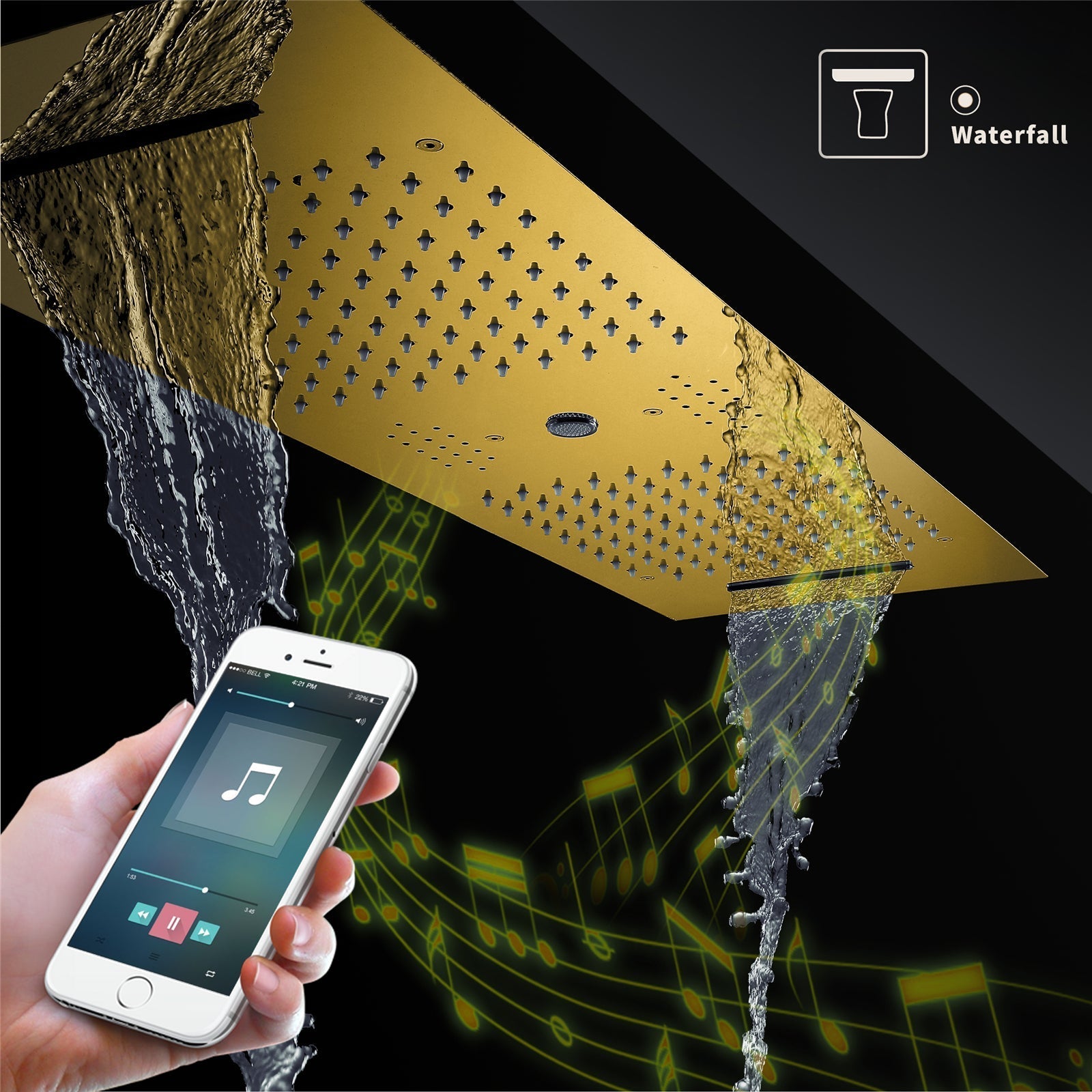 VANCOUVER| 36" INCH POLISHED GOLD CEILING MOUNTED COMPLETE LED MUSIC SHOWER SET