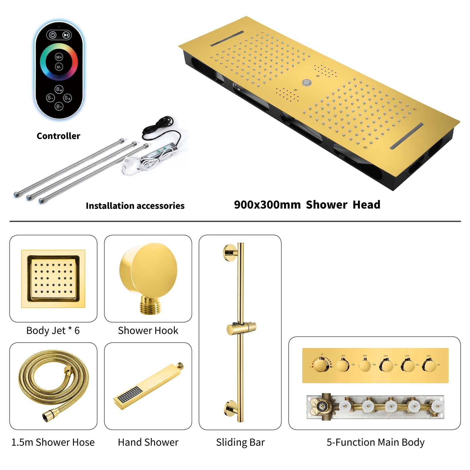 VANCOUVER| 36" INCH POLISHED GOLD CEILING MOUNTED COMPLETE LED MUSIC SHOWER SET