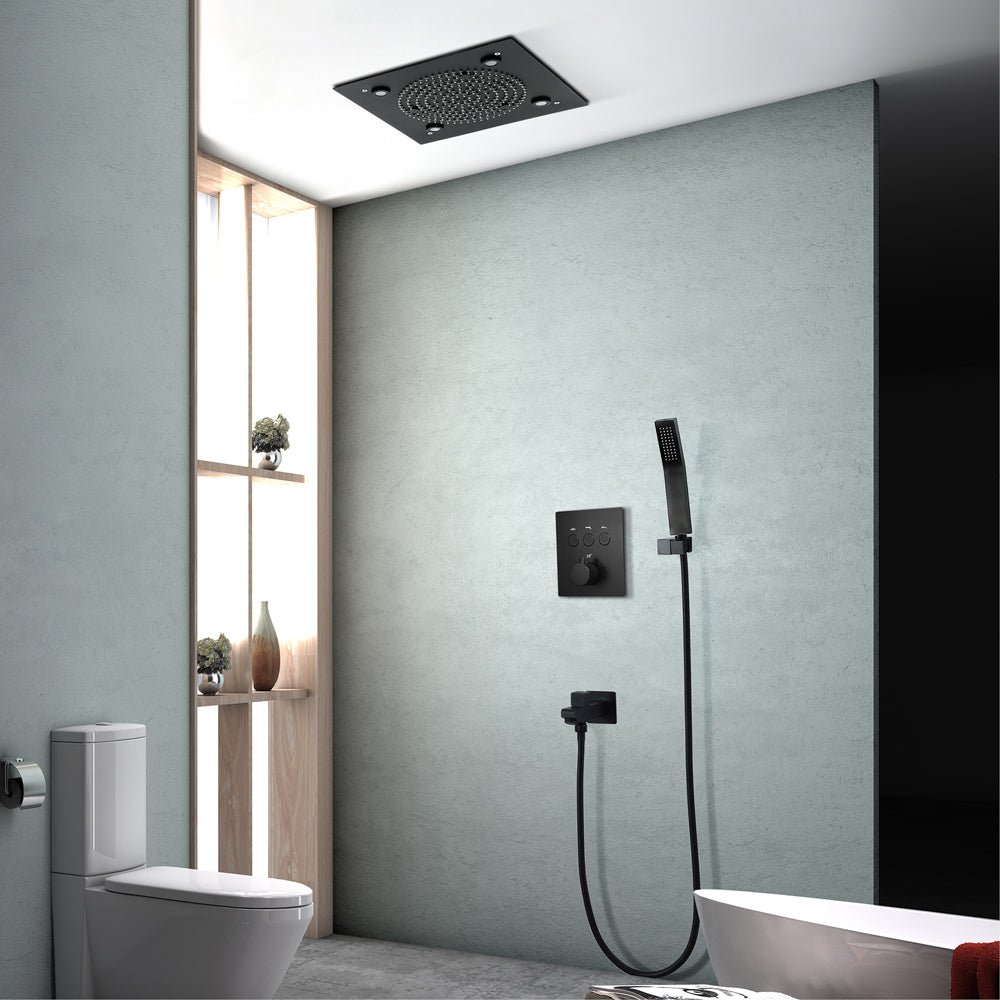 ZANZIBAR - 12" X 12" Luxury Complete Rain & Misty Spray LED Shower Set with Hand Shower & Spout. Matte Black