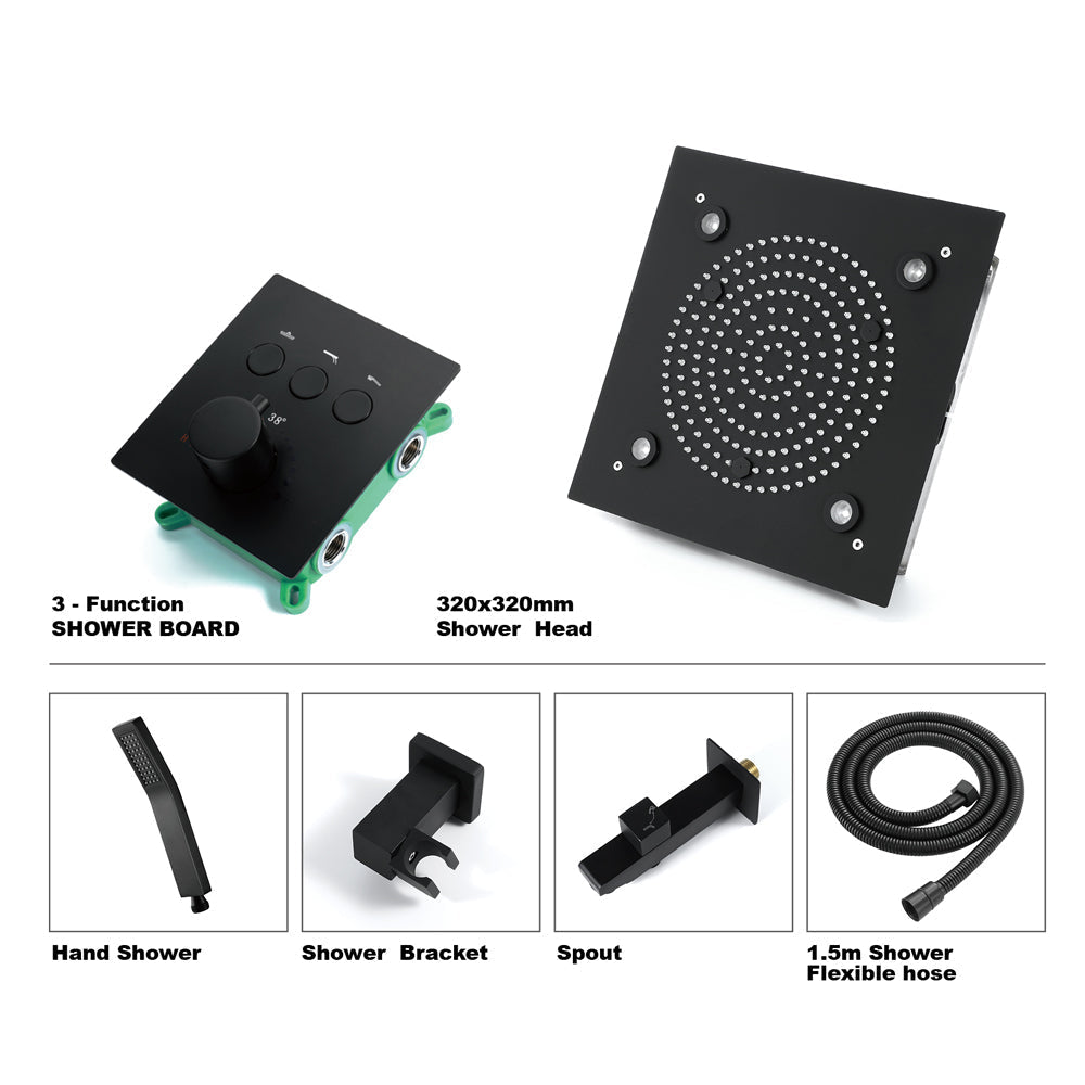 ZANZIBAR - 12" X 12" Luxury Complete Rain & Misty Spray LED Shower Set with Hand Shower & Spout. Matte Black