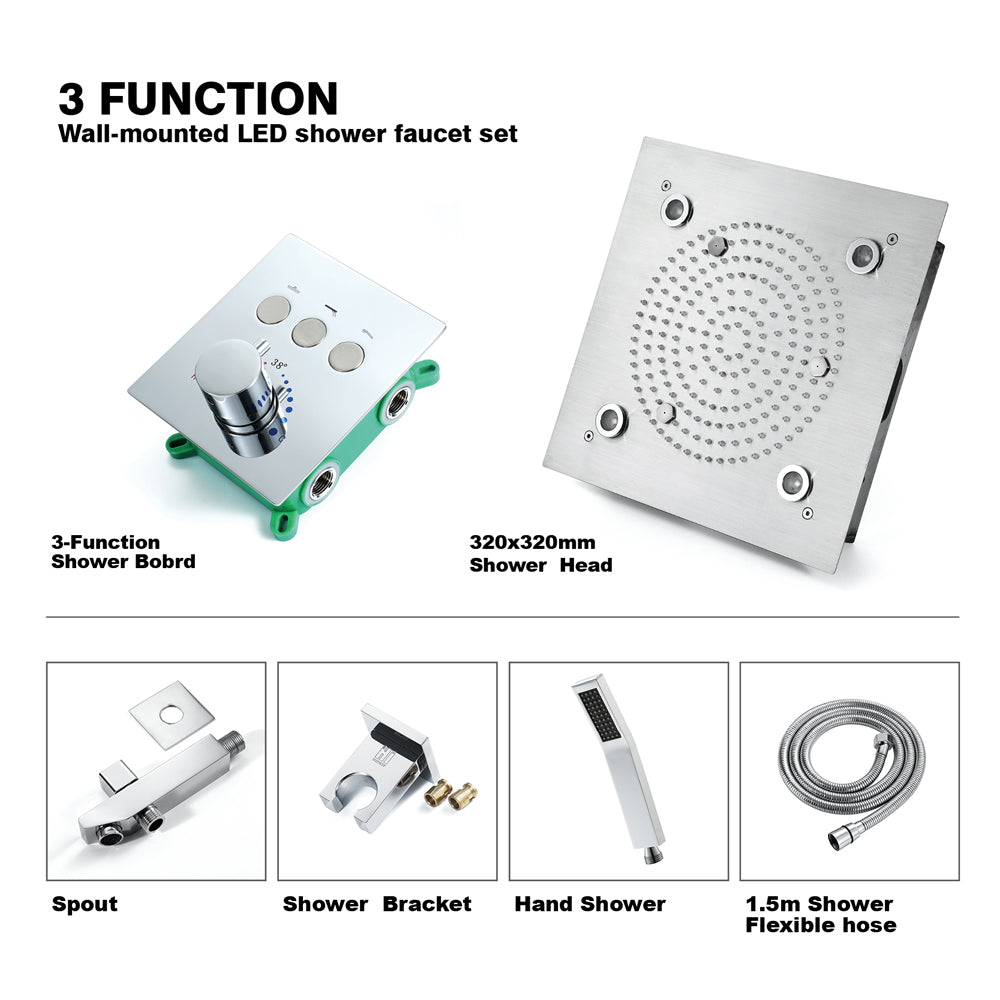 Zanzibar Chrome -12" X 12"  Luxury Complete Rain & Misty Spray LED Shower Set with Hand Shower & Spout.