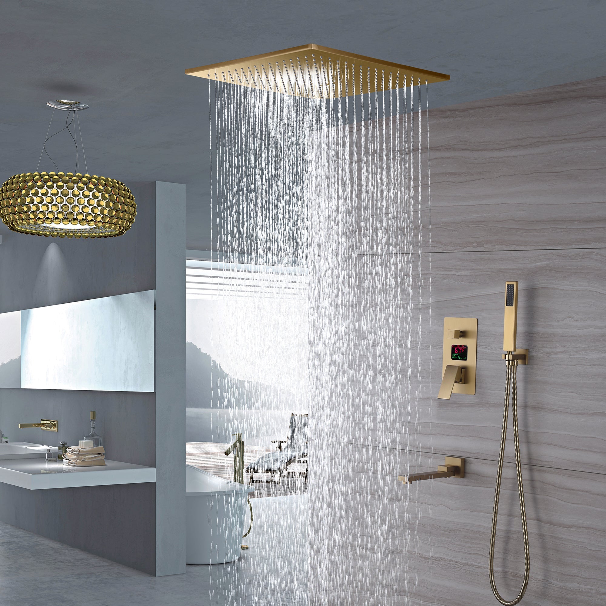 AURORA|20" CEILING MOUNT COMPLETE SHOWER SYSTEM DIGITAL DISPLAY VALVE