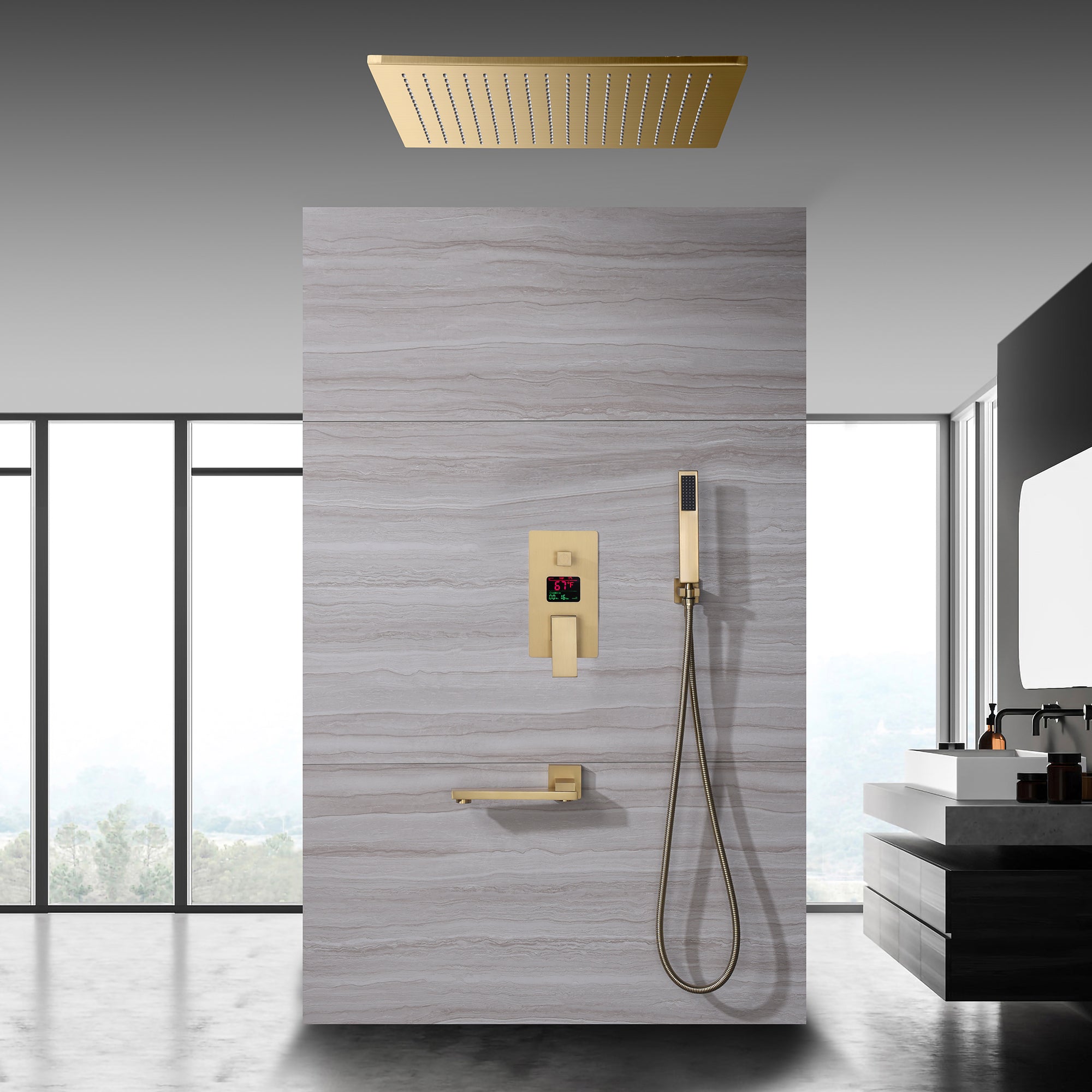 AURORA|20" CEILING MOUNT COMPLETE SHOWER SYSTEM DIGITAL DISPLAY VALVE
