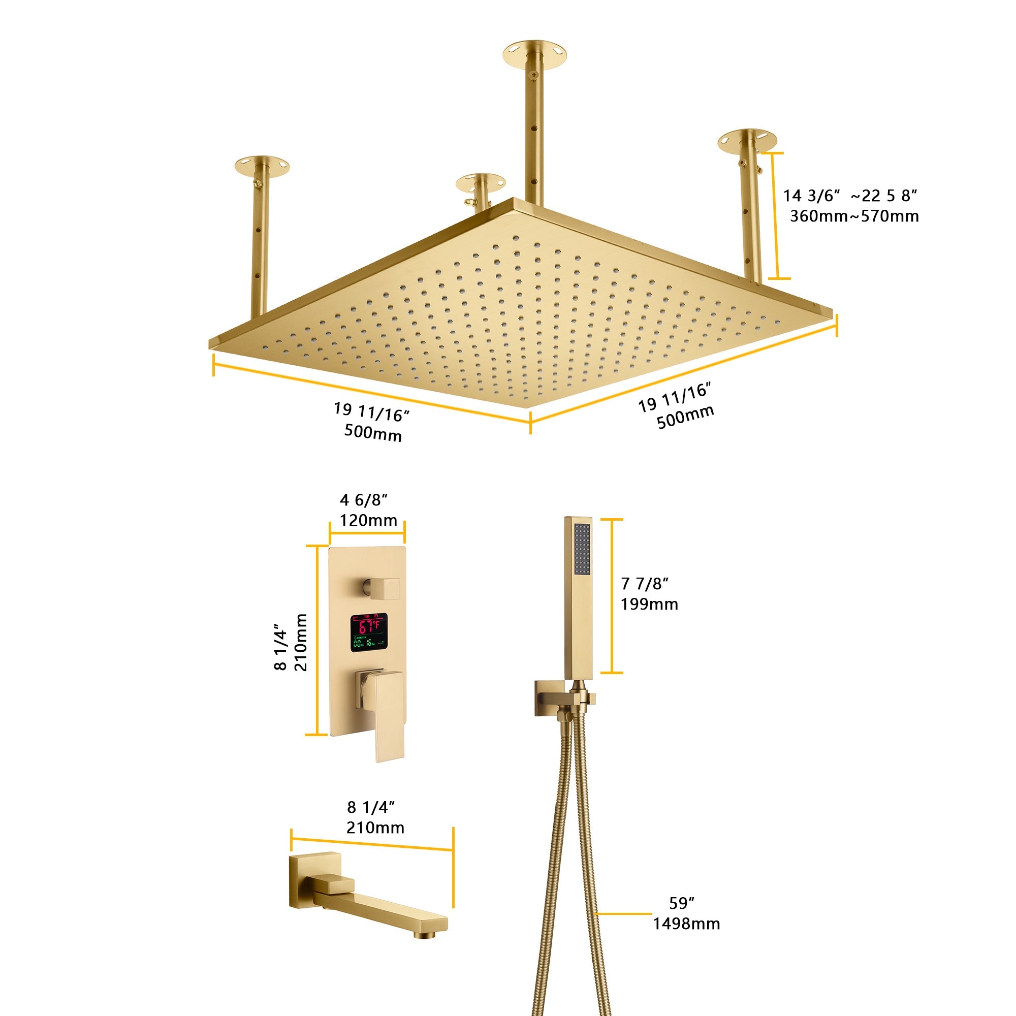 AURORA|20" CEILING MOUNT COMPLETE SHOWER SYSTEM DIGITAL DISPLAY VALVE
