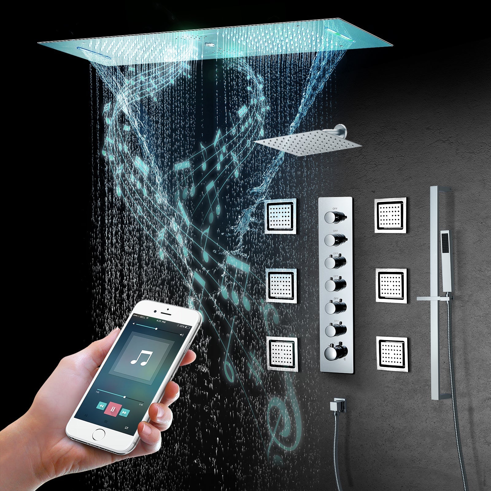 Sydney|36"Inch Complete Led Music Shower System Rainfall Waterfall & Wall Mounted Showerhead