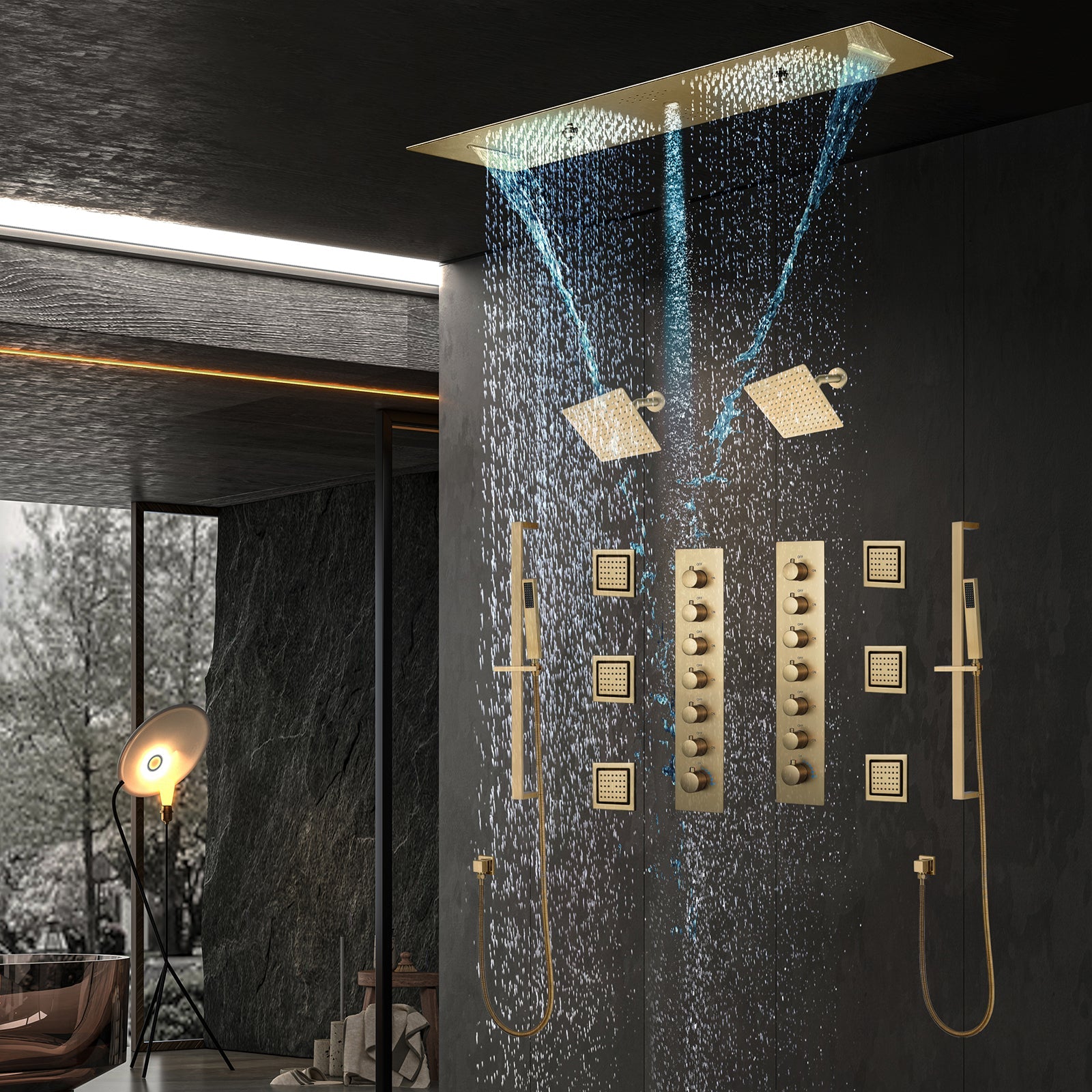 Multnomah| 36" In Dual Showerhead Complete Led Music Shower Set  6 Body Jets 2x Wall Mounted Rainfall Showerhead