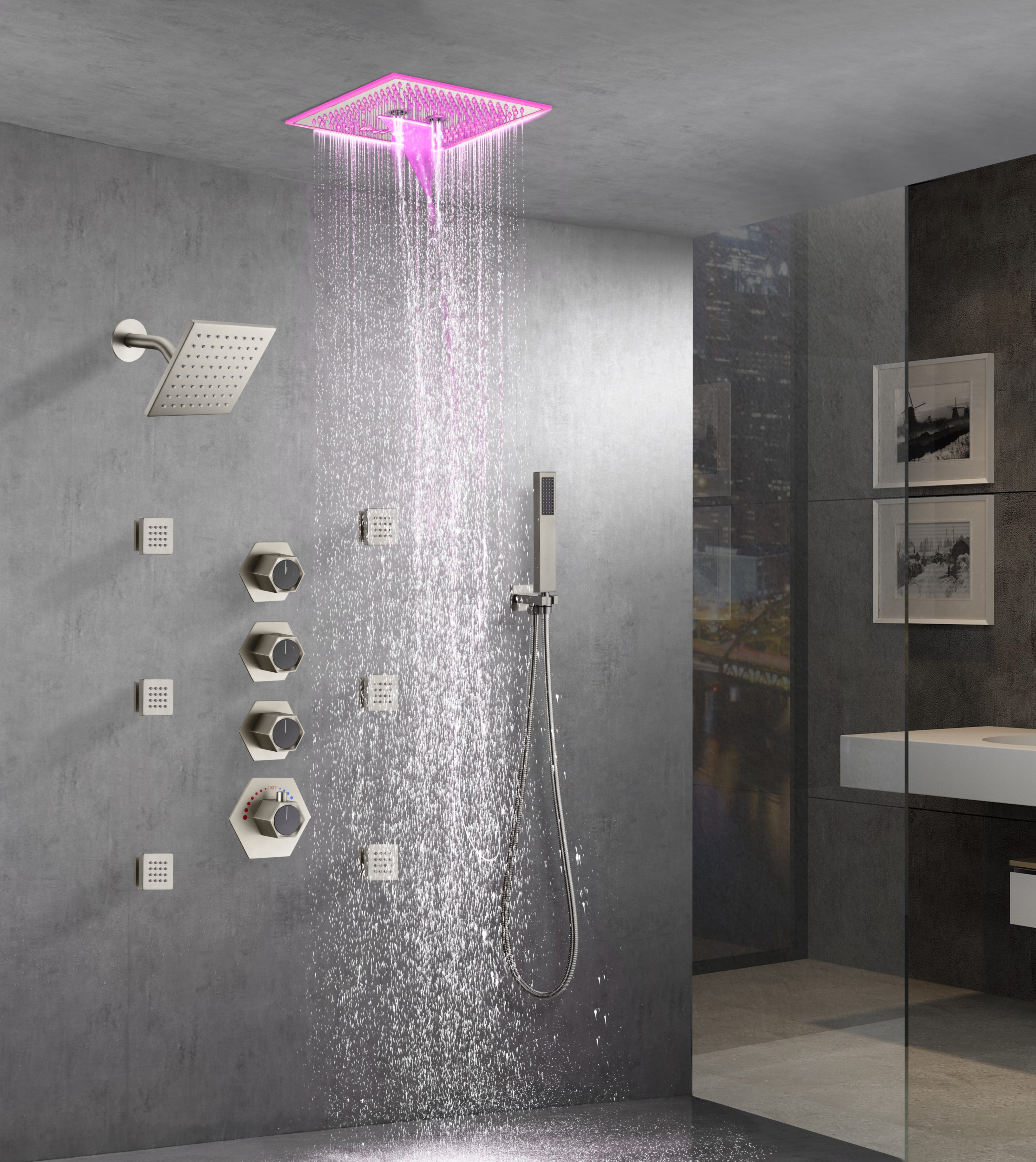 SAHARA|16" COMPLETE LED MUSIC SHOWER SYSTEM BODY JETS WALL MOUNT SHOWERHEAD